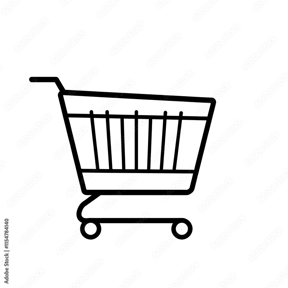 A simple shopping cart icon in black outline, representing e-commerce, on a white background.
A simple shopping cart icon in black outline, representing e-commerce, on a white background.