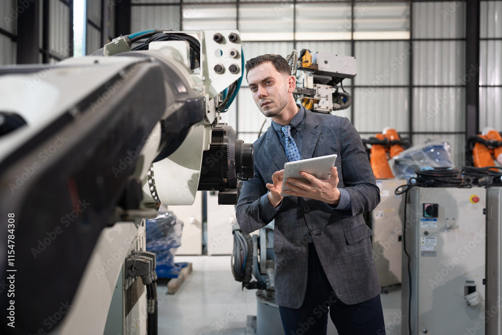 Fototapeta premium Business or engineer Caucasian male use tablet computer checking robot arm