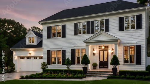 Modern colonial-style house with a broad porch, tall white columns, 