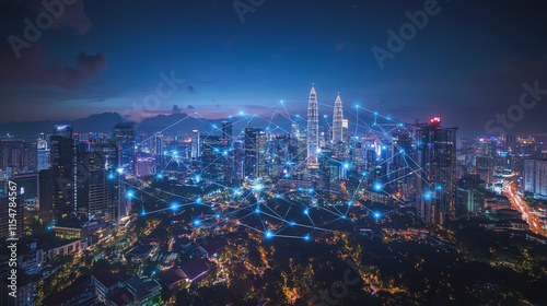 Wallpaper Mural Smart digital Innovation city with connection network reciprocity over the cityscape. of future smart wireless city and social media networking systems that connects business people with in city Torontodigital.ca