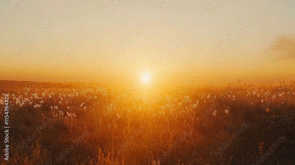 Golden Sunset Over Vast Open Field with Wildflowers Blooming Golden Sunset Over Vast Open Field with Wildflowers Blooming