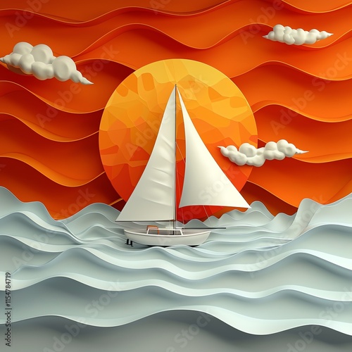 Paper art sailboat sunset ocean scene.