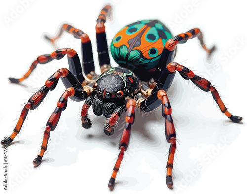 Vector image of a peacock spider on a white background.