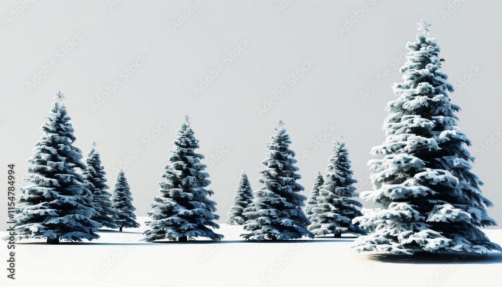 Fototapeta premium Snowy Christmas Trees in a Serene Winter Landscape Set Against a Soft Gray Background