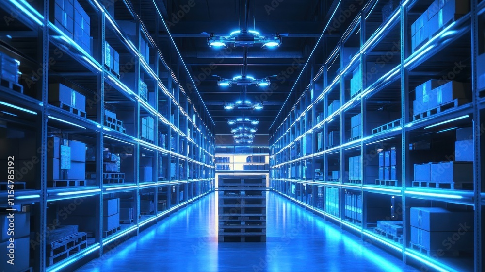 A futuristic warehouse with automated drones transporting goods between shelves, glowing blue lighting accentuating the space A futuristic warehouse with automated drones transporting goods between shelves, glowing blue lighting accentuating the space