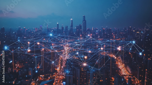 Wallpaper Mural Smart digital Innovation city with connection network reciprocity over the cityscape. of future smart wireless city and social media networking systems that connects business people with in city Torontodigital.ca