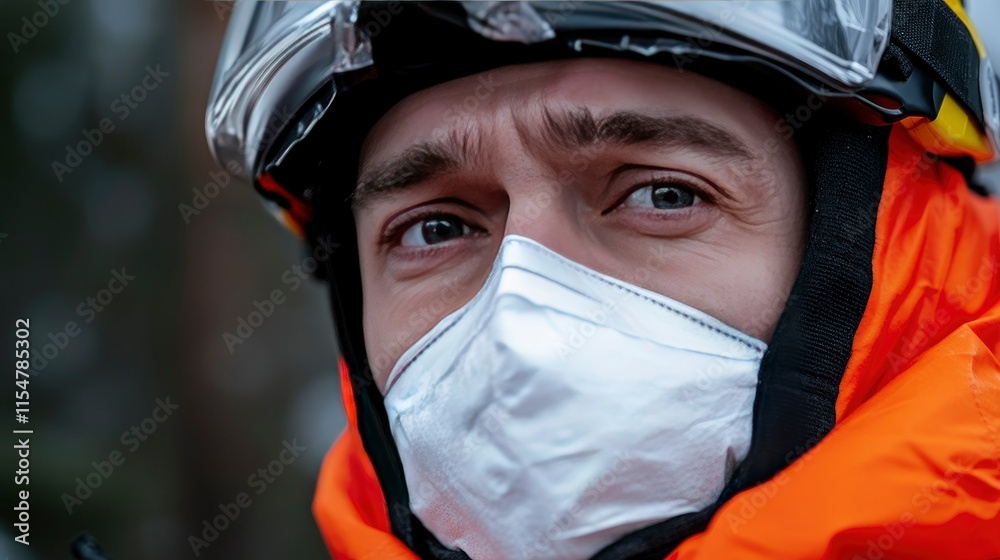 Close-up Portrait of a Rescuer Wearing a Protective Helmet and Face Mask Close-up Portrait of a Rescuer Wearing a Protective Helmet and Face Mask