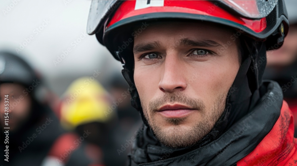Confident Firefighter Portrait Close-up of a Handsome Young Man in a Red Helmet