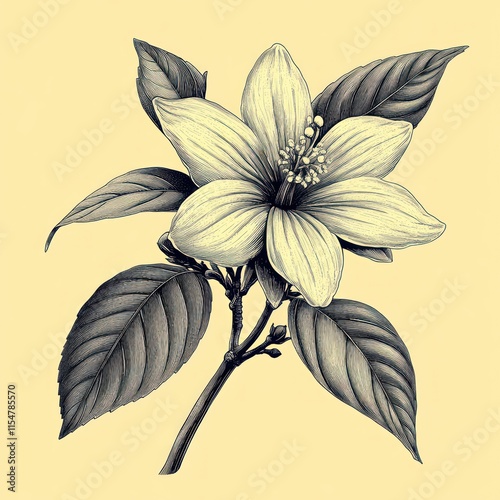 Detailed botanical illustration of a single flower with leaves on a beige background. photo