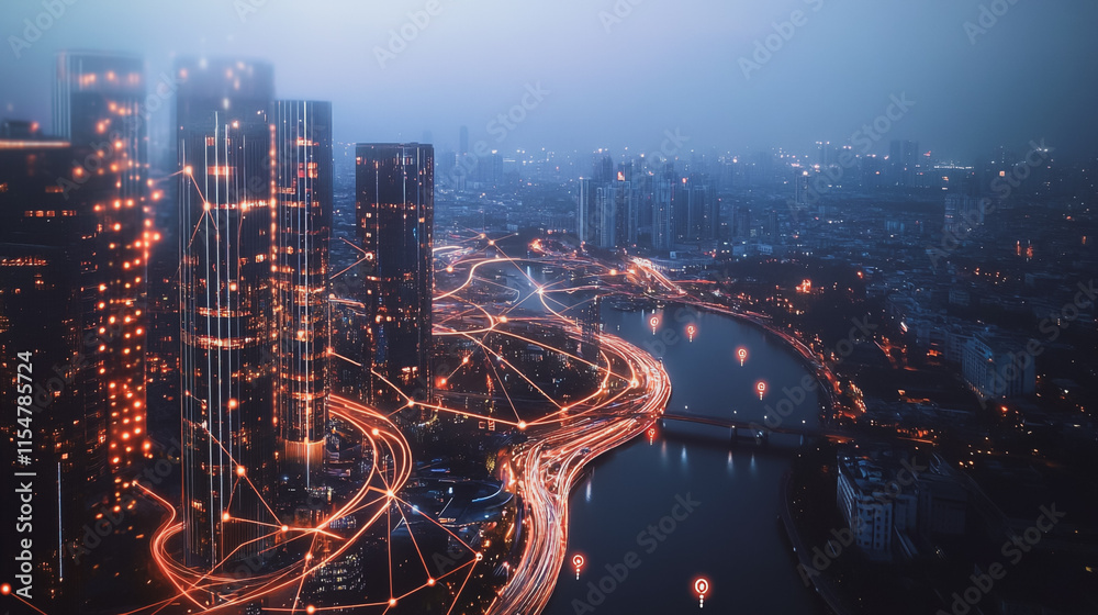 Obraz premium Smart digital Innovation city with connection network reciprocity over the cityscape. of future smart wireless city and social media networking systems that connects business people with in city