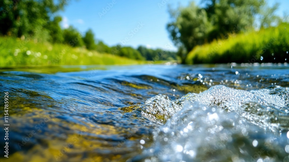 Fototapeta premium Crystal Clear River Water Flowing Through Lush Green Landscape on a Sunny Day