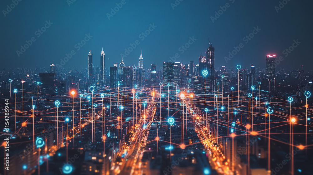 Fototapeta premium Smart digital Innovation city with connection network reciprocity over the cityscape. of future smart wireless city and social media networking systems that connects business people with in city