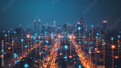 Smart digital Innovation city with connection network reciprocity over the cityscape. of future smart wireless city and social media networking systems that connects business people with in city