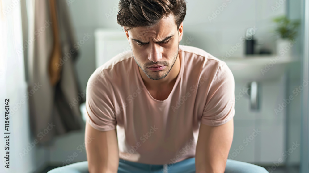 Close-up of a man sitting on a modern toilet, looking slightly uncomfortable, with a blurred bathroom background. The scene emphasizes the man's expression and the clean, minimalistic bathroom environ Close-up of a man sitting on a modern toilet, looking slightly uncomfortable, with a blurred bathroom background. The scene emphasizes the man's expression and the clean, minimalistic bathroom environ