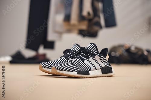 A pair of Adidas NMDR1 sneakers in black and white with knit upper and striped pattern. Casual style, comfortable footwear. Beige outsole. photo