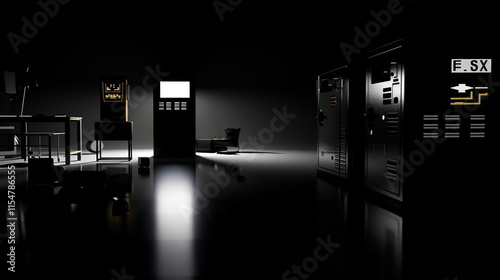 A dark room illuminated only by the faint glow of an emergency exit sign, symbolizing a power blackout. The room is eerily silent, with scattered objects faintly visible in the dim light, capturing th