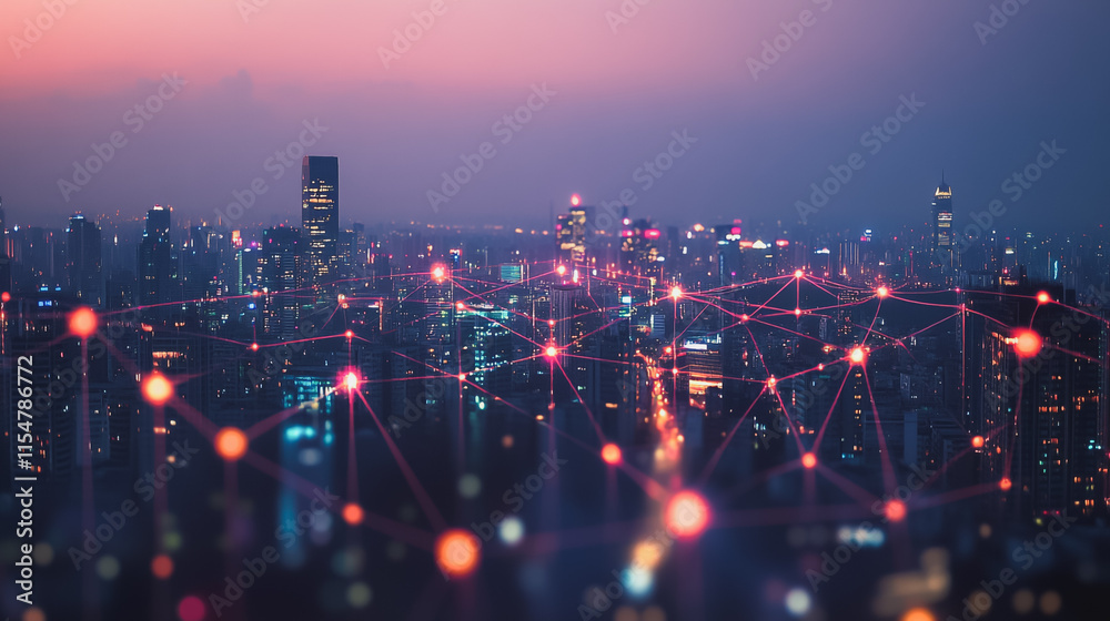Fototapeta premium Smart digital Innovation city with connection network reciprocity over the cityscape. of future smart wireless city and social media networking systems that connects business people with in city