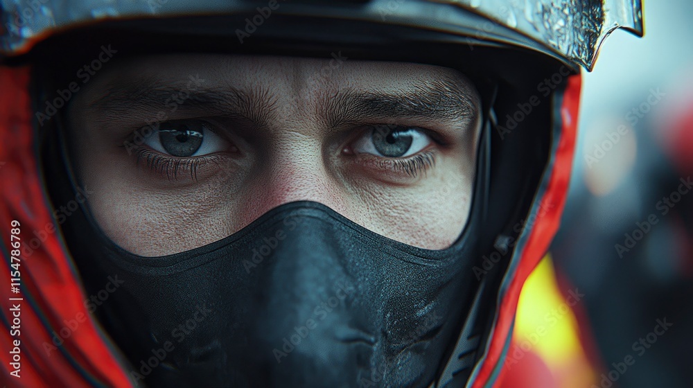 Determined Eyes Close-up Portrait of a Person in a Protective Helmet and Mask Determined Eyes Close-up Portrait of a Person in a Protective Helmet and Mask