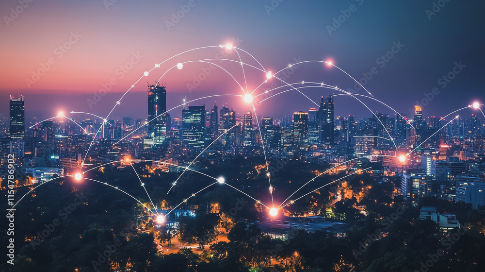 Smart digital Innovation city with connection network reciprocity over the cityscape. of future smart wireless city and social media networking systems that connects business people with in city Smart digital Innovation city with connection network reciprocity over the cityscape. of future smart wireless city and social media networking systems that connects business people with in city