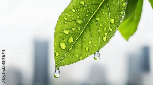 Rain-drenched leaf symbolizing sustainability urban nature close-up photography green environment ecological impact