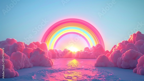 Pastel rainbow sunset over fluffy clouds.