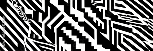 Abstract pattern, zebra stripes, optical illusion, black and white, geometric design, maze-like, symmetrical composition, high contrast, hypnotic effect, repeating lines, visual complexity, tessellati