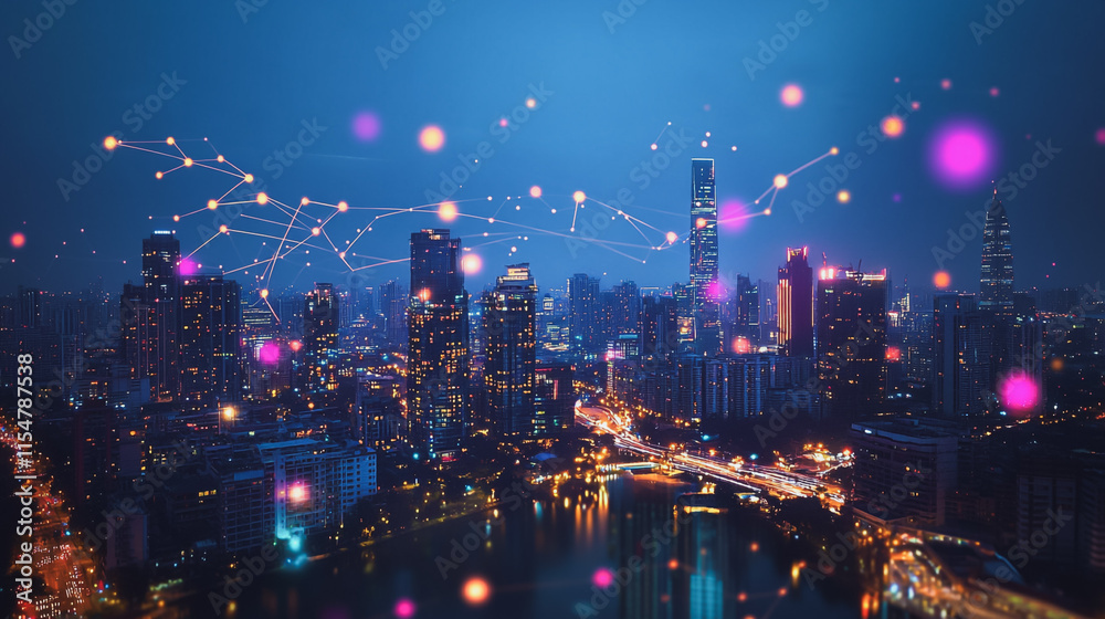 Fototapeta premium Smart digital Innovation city with connection network reciprocity over the cityscape. of future smart wireless city and social media networking systems that connects business people with in city