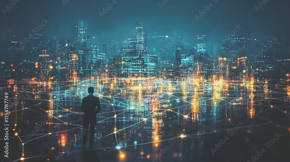 Smart digital Innovation city with connection network reciprocity over the cityscape. of future smart wireless city and social media networking systems that connects business people with in city Smart digital Innovation city with connection network reciprocity over the cityscape. of future smart wireless city and social media networking systems that connects business people with in city