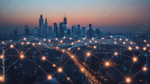 Wallpaper Mural Smart digital Innovation city with connection network reciprocity over the cityscape. of future smart wireless city and social media networking systems that connects business people with in city Torontodigital.ca