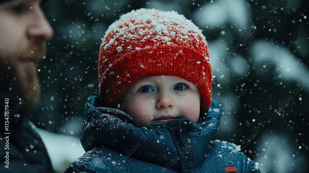 Adorable Toddler in Red Hat, Snow Falling Adorable Toddler in Red Hat, Snow Falling