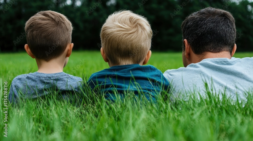 Fototapeta premium Three Generations Sitting in Grass, Back View