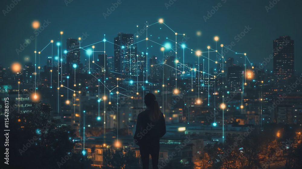 Smart digital Innovation city with connection network reciprocity over the cityscape. of future smart wireless city and social media networking systems that connects business people with in city Smart digital Innovation city with connection network reciprocity over the cityscape. of future smart wireless city and social media networking systems that connects business people with in city