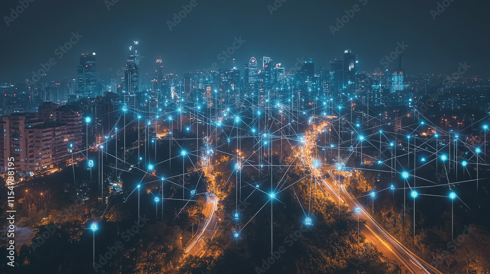 Smart digital Innovation city with connection network reciprocity over the cityscape. of future smart wireless city and social media networking systems that connects business people with in city Smart digital Innovation city with connection network reciprocity over the cityscape. of future smart wireless city and social media networking systems that connects business people with in city