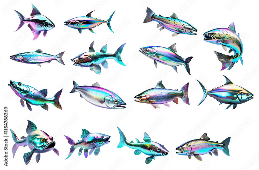 Fototapeta premium Collection of various sea fish and river fish for banners, websites and posters. 3d hologram metallic on transparent background