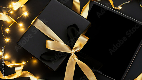 Black gift box with black ribbon on a dark background accompanied by digital tablet, laptop, and office station accessories, representing Black Friday shopping deals and discounts. Flat lay perspectiv photo