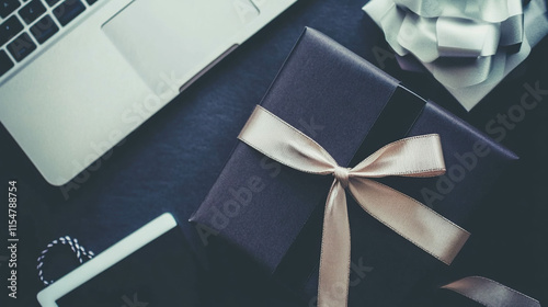 Black gift box with black ribbon on a dark background accompanied by digital tablet, laptop, and office station accessories, representing Black Friday shopping deals and discounts. Flat lay perspectiv photo