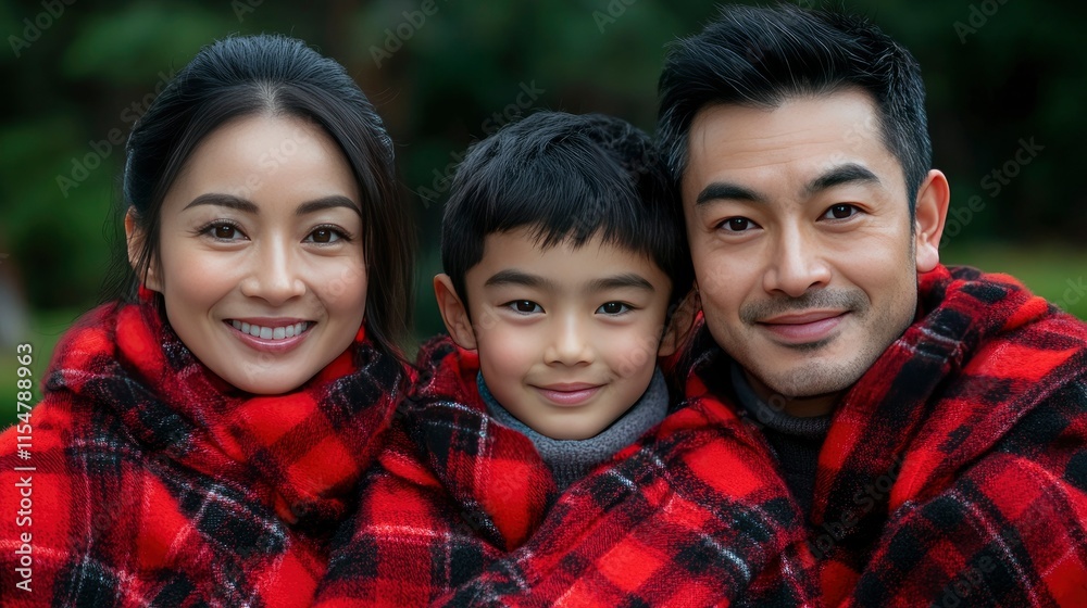 Happy Asian Family Wrapped in a Plaid Blanket Outdoors Happy Asian Family Wrapped in a Plaid Blanket Outdoors