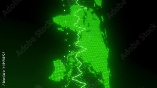 World map auropean continent in digital dotted style with dynamic glowing green data lines. Abstract technology and analytics concept. Global network visualization, and wallpaper photo