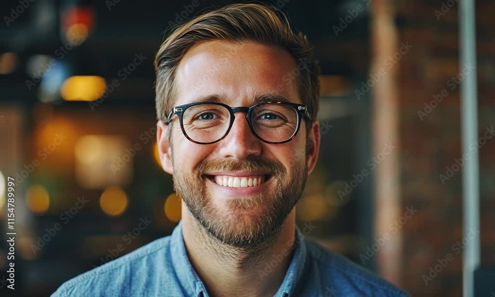 Cheerful young man with glasses smiling warmly in a cozy cafe setting, exuding positivity and confidence while enjoying a relaxing moment with a blurred background. Cheerful young man with glasses smiling warmly in a cozy cafe setting, exuding positivity and confidence while enjoying a relaxing moment with a blurred background.