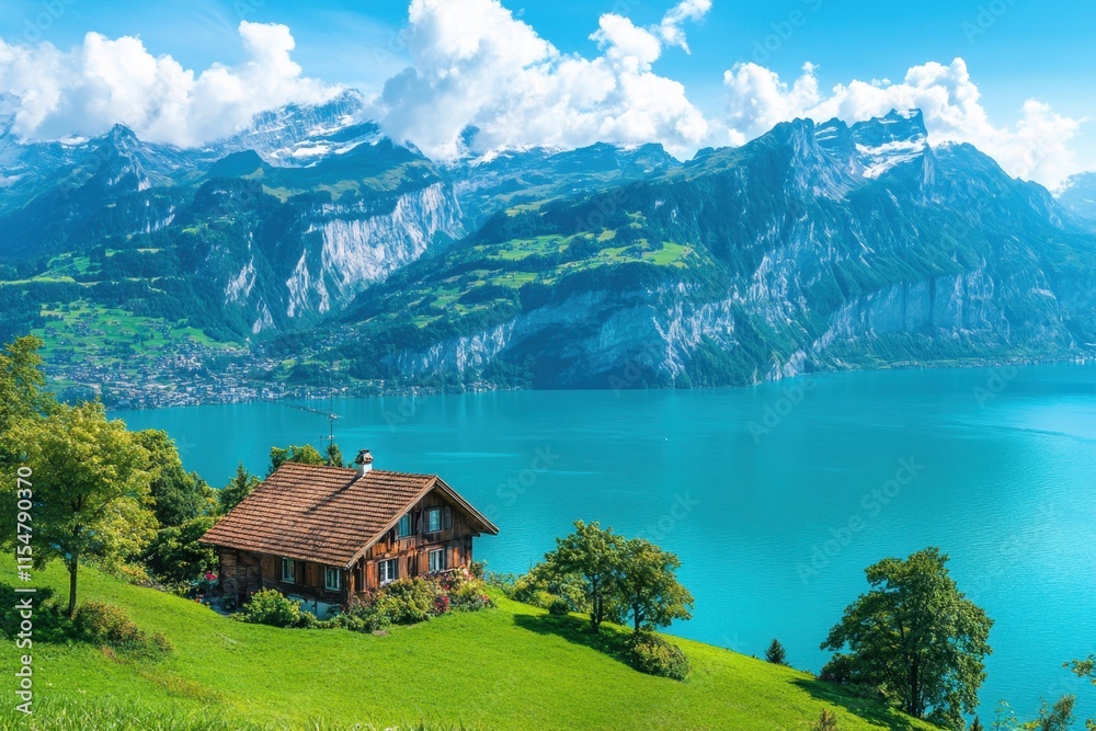 Fototapeta premium A serene lakeside view with a charming house surrounded by mountains and lush greenery.