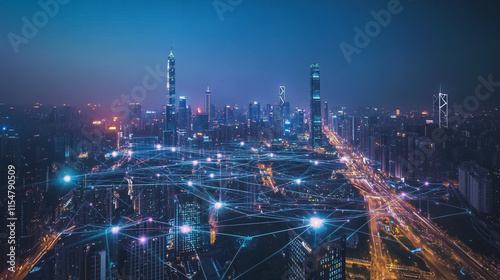 Wallpaper Mural Smart digital Innovation city with connection network reciprocity over the cityscape. of future smart wireless city and social media networking systems that connects business people with in city Torontodigital.ca