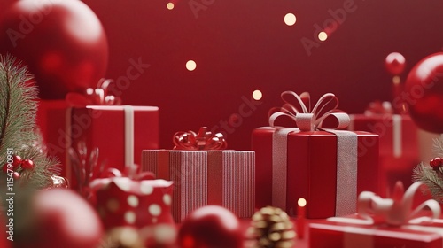Festive 3D Rendered Christmas Scene with Red Presents and Ornaments