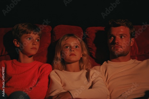 A cinematic scene of a family watching an HD TV in a dark room, with soft light reflecting off their faces from the glowing screen photo