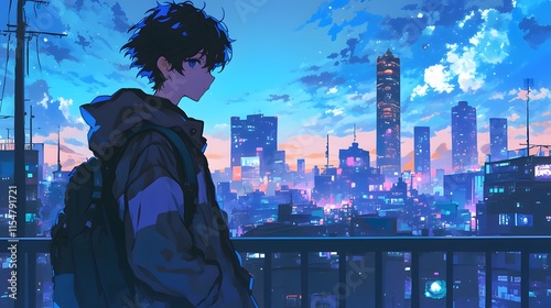 A boy in a lofi-inspired anime night cityscape. photo