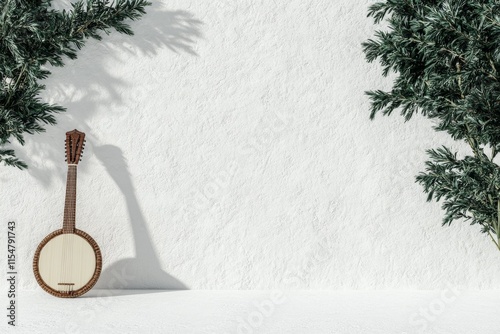 A clean illustration of a traditional Hmong musical instrument (qeej) leaning against a bamboo house wall, centered on a white background photo