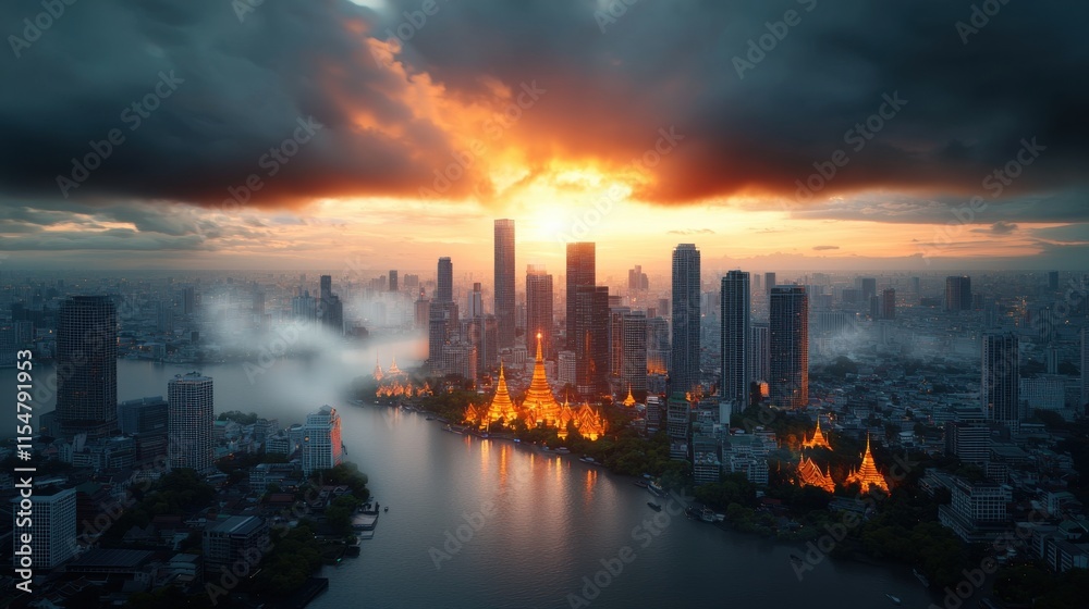 Fototapeta premium Panorama bangkok city at sunset in the business district area