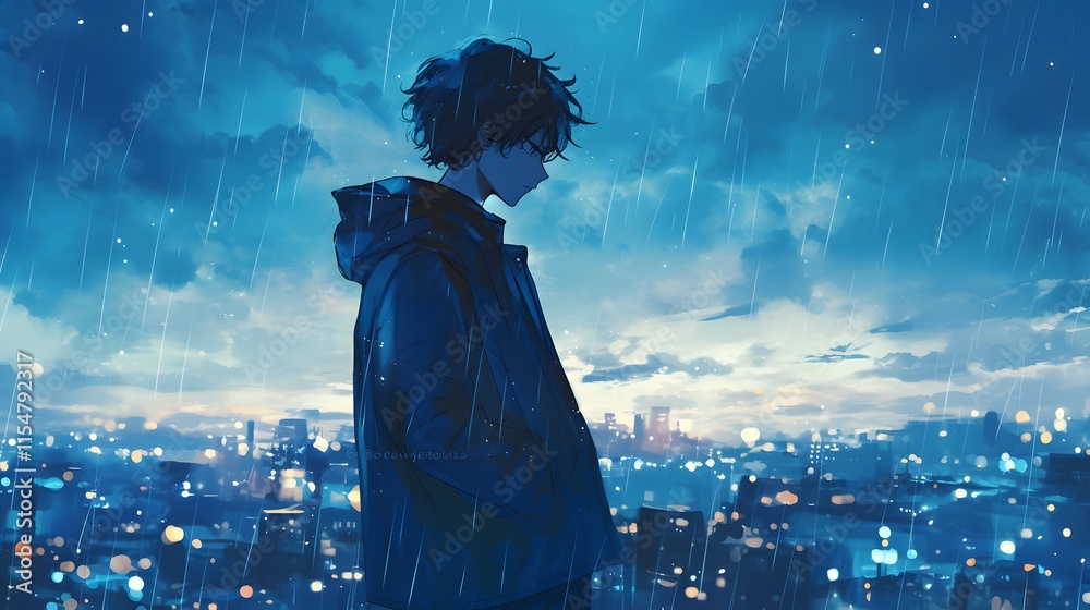 Fototapeta premium A boy standing under the city lights in rain, capturing solitude, anime style.