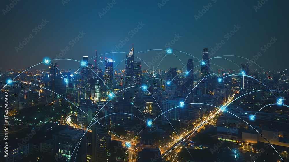 Smart digital Innovation city with connection network reciprocity over the cityscape. of future smart wireless city and social media networking systems that connects business people with in city Smart digital Innovation city with connection network reciprocity over the cityscape. of future smart wireless city and social media networking systems that connects business people with in city