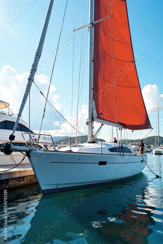 Bateau avec les voiles d?chir?es dans un port, marina, docking boat, motor yacht