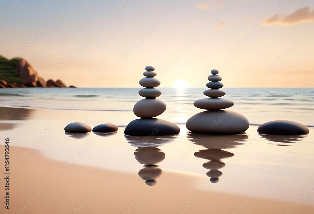 Zen stones balanced on the beach with copy space Sunrise light Meditation and relaxation Ai generative Zen stones balanced on the beach with copy space Sunrise light Meditation and relaxation Ai generative